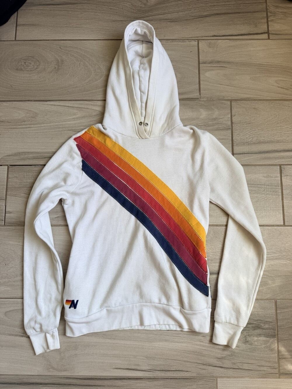 Aviator Nation Hoodie Women's XS White Rainbow 5 Stripe Long Sleeve